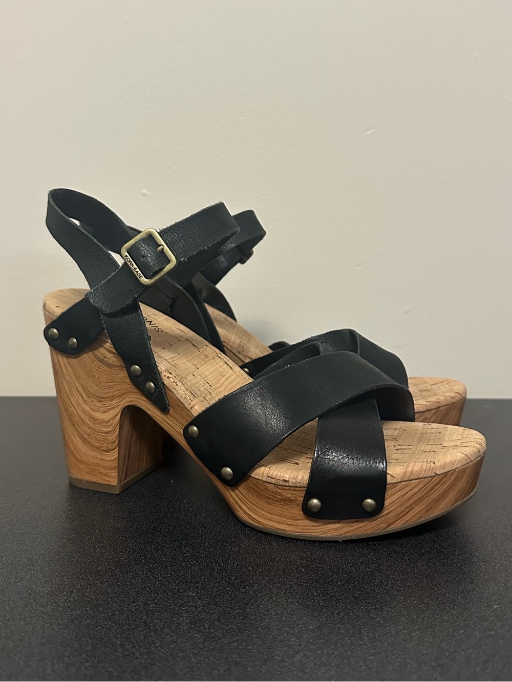 Kork-Ease Black Leather Platform Sandals with Wood Block Heel